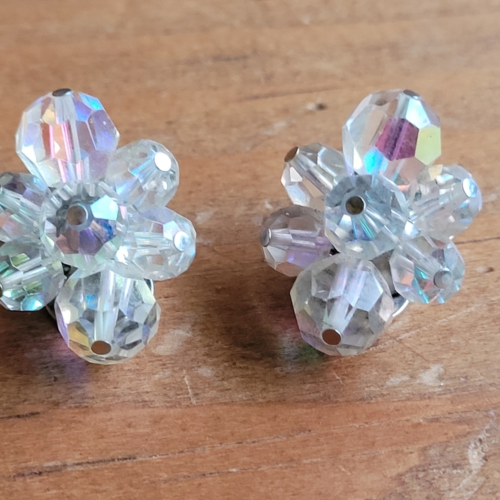 Signed Sherman Beaded White Clear Swarovski Crystal Beads AB Clip on Earrings